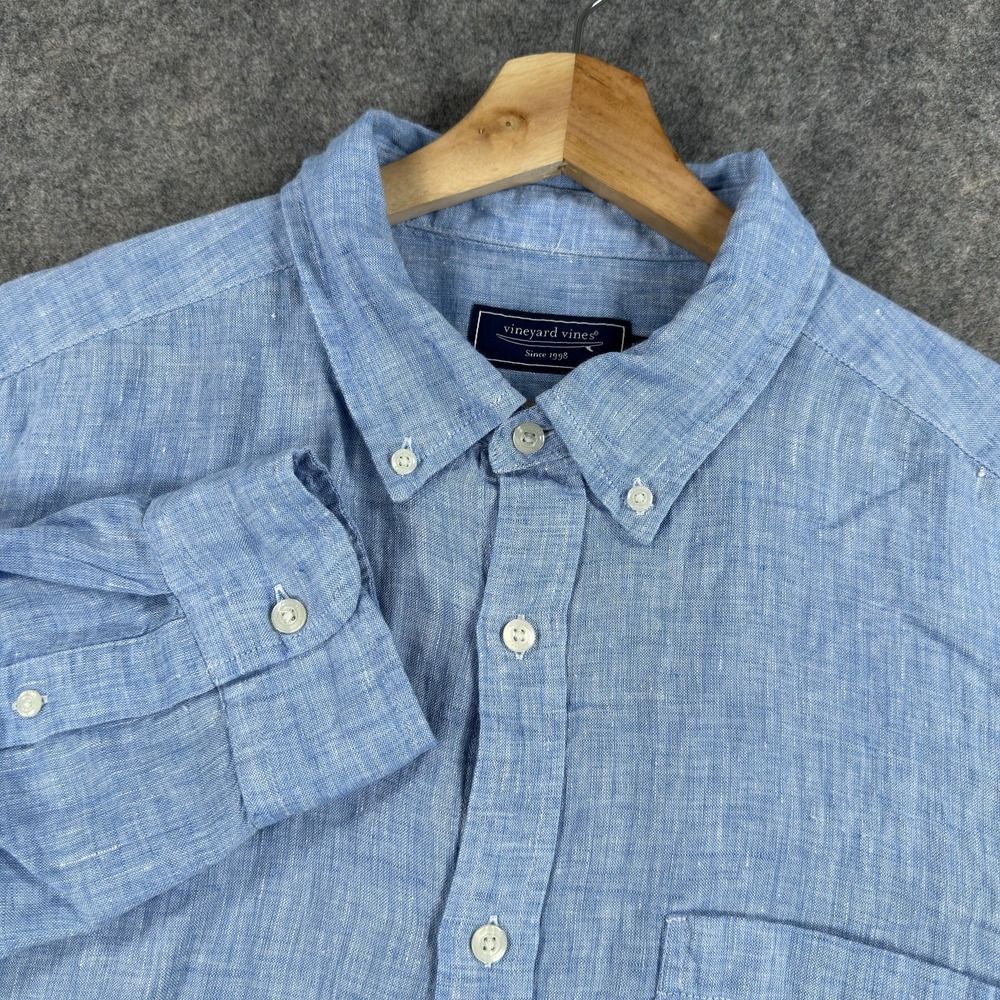 Vineyard Vines Shirt Mens Large Blue 100% Linen Long Sleeve Button Down Casual